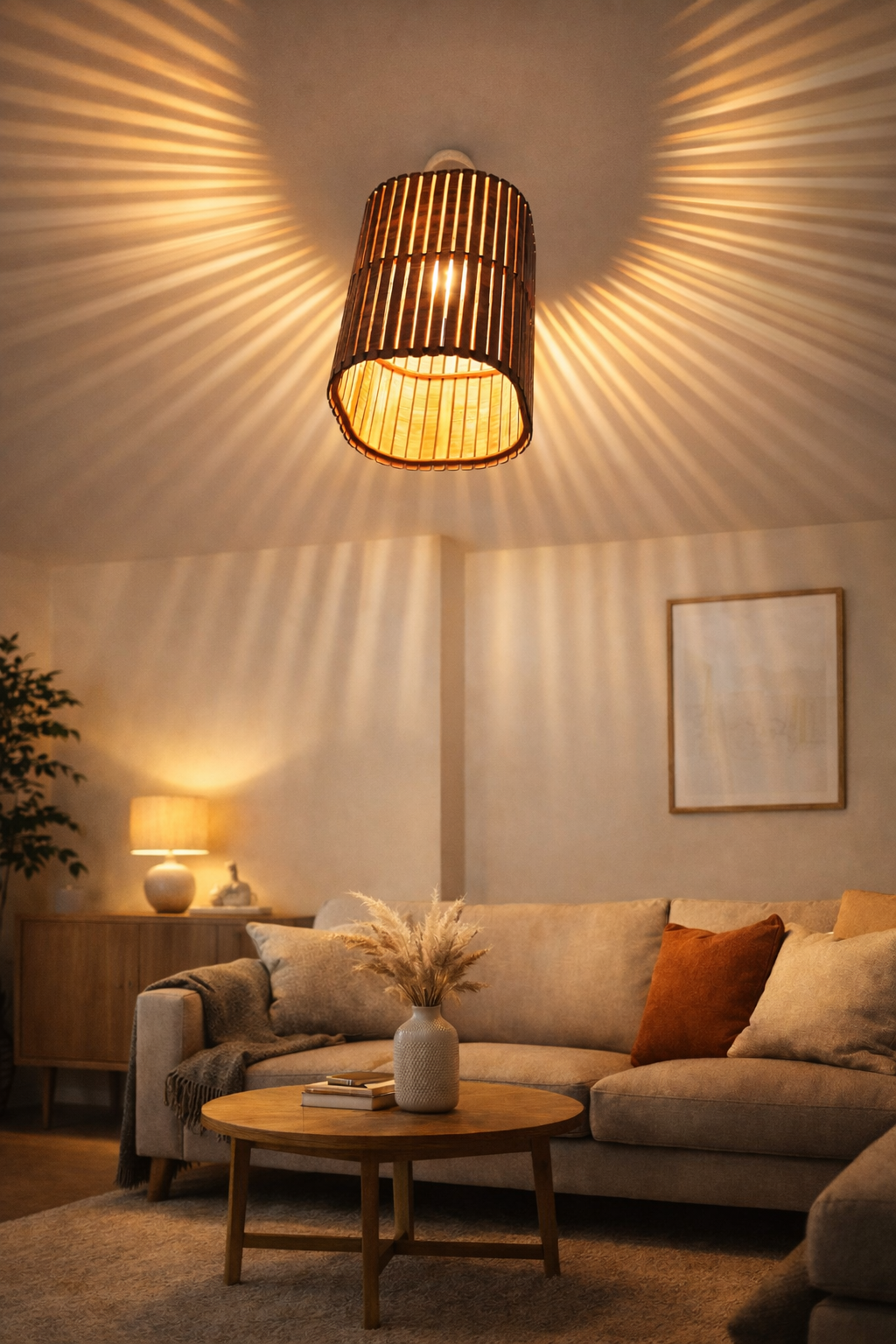 Wooden Slatted Lampshade – Modern Scandinavian Ceiling Pendant Light | Walnut Effect Statement Lighting UK