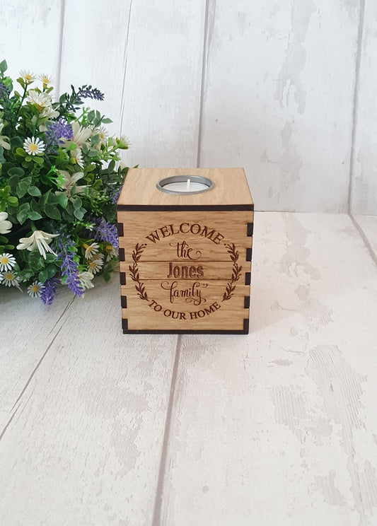 Personalised Oak venner candle holder. - LaserGiftsuk