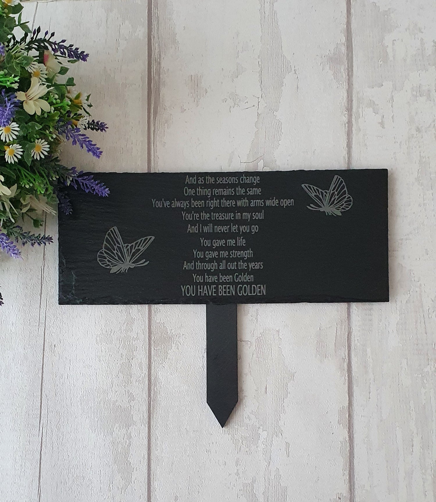 Beautiful personalised memorial slate, engraved with slate grounding spike. - LaserGiftsuk