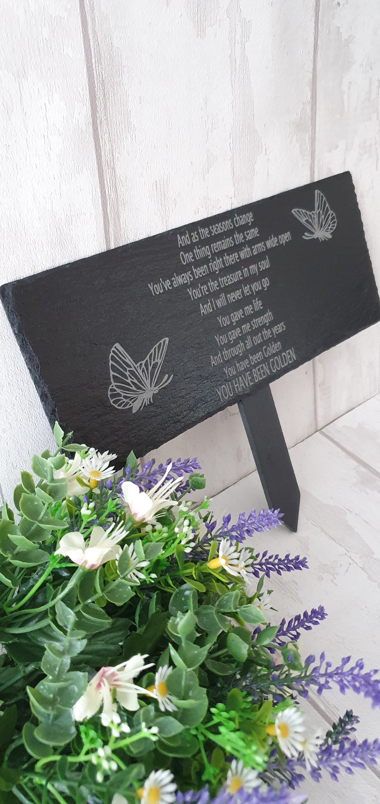 Beautiful personalised memorial slate, engraved with slate grounding spike. - LaserGiftsuk