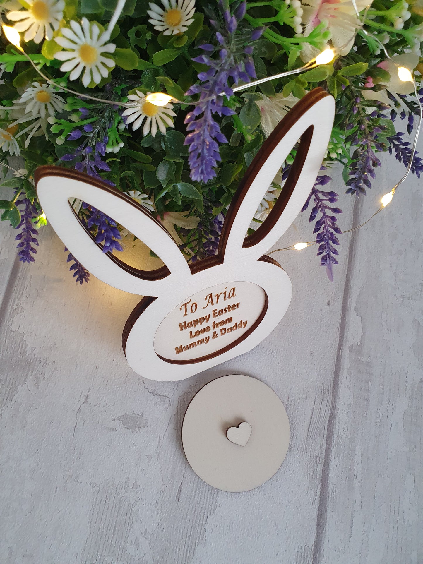 Personalised wooden Easter bunny card.