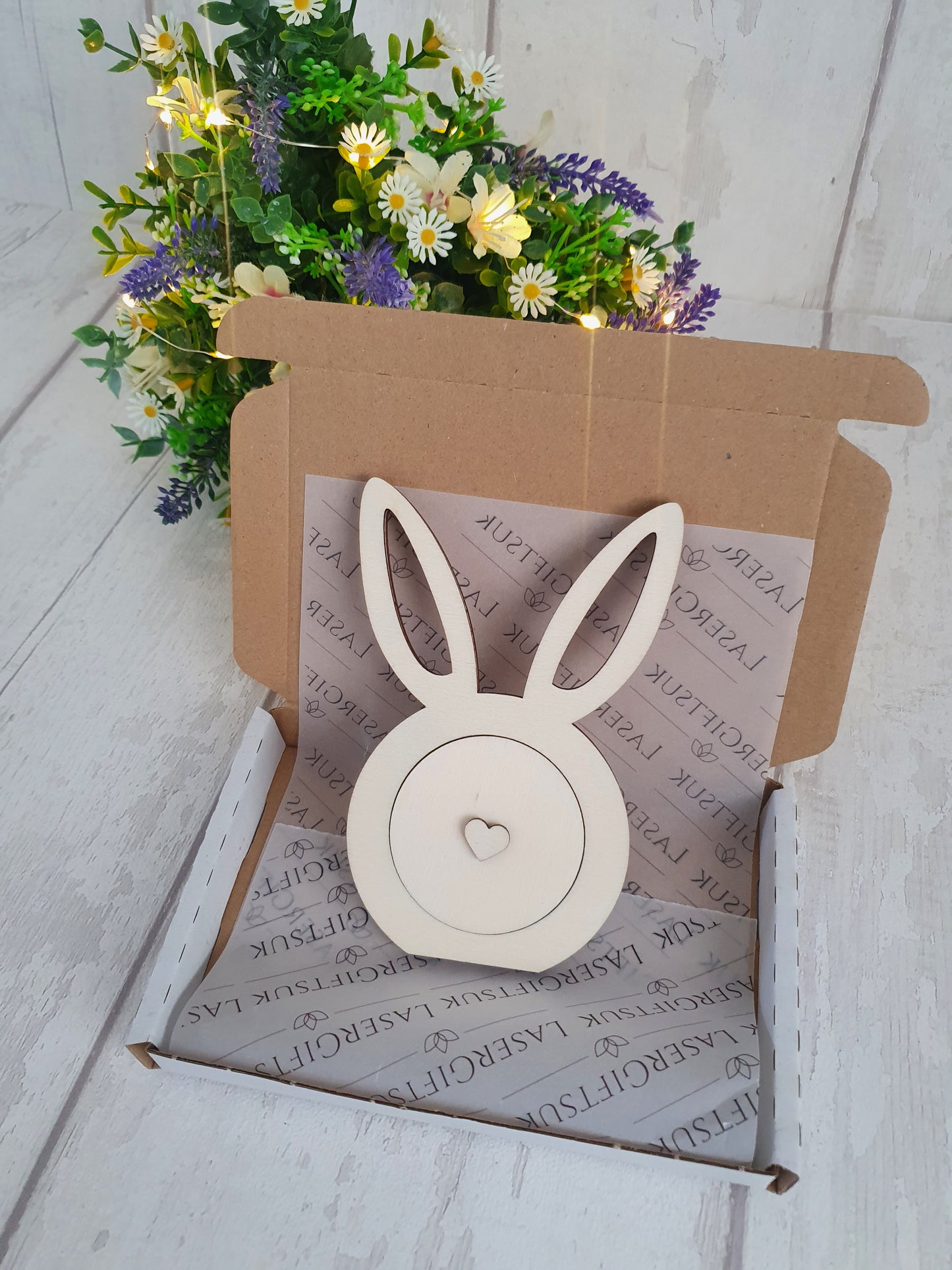 Personalised wooden Easter bunny card.