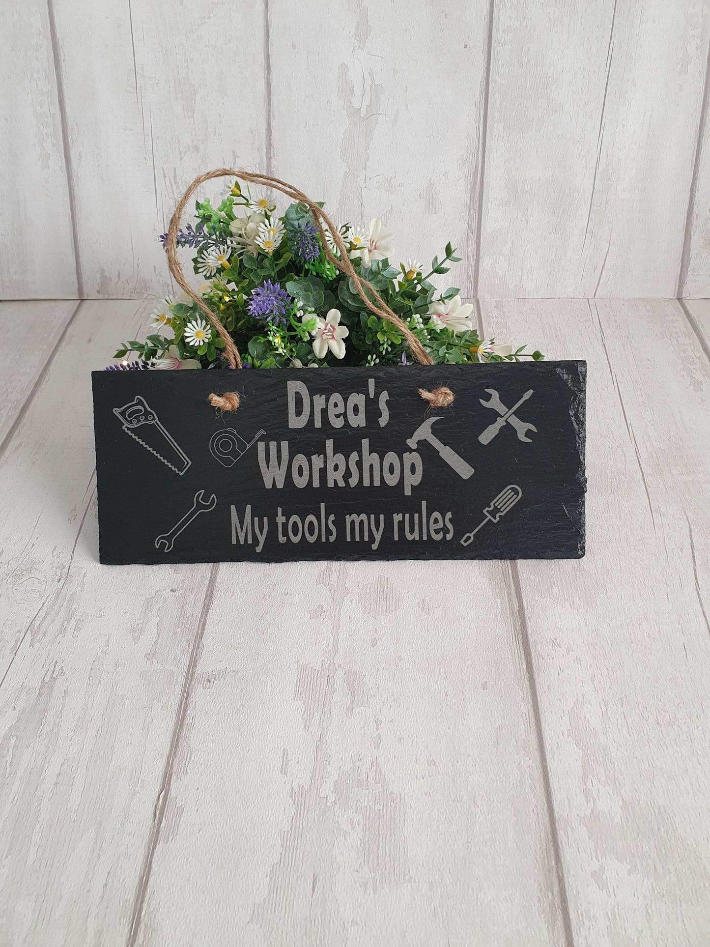 Personalised 'workshop tools' slate sign.