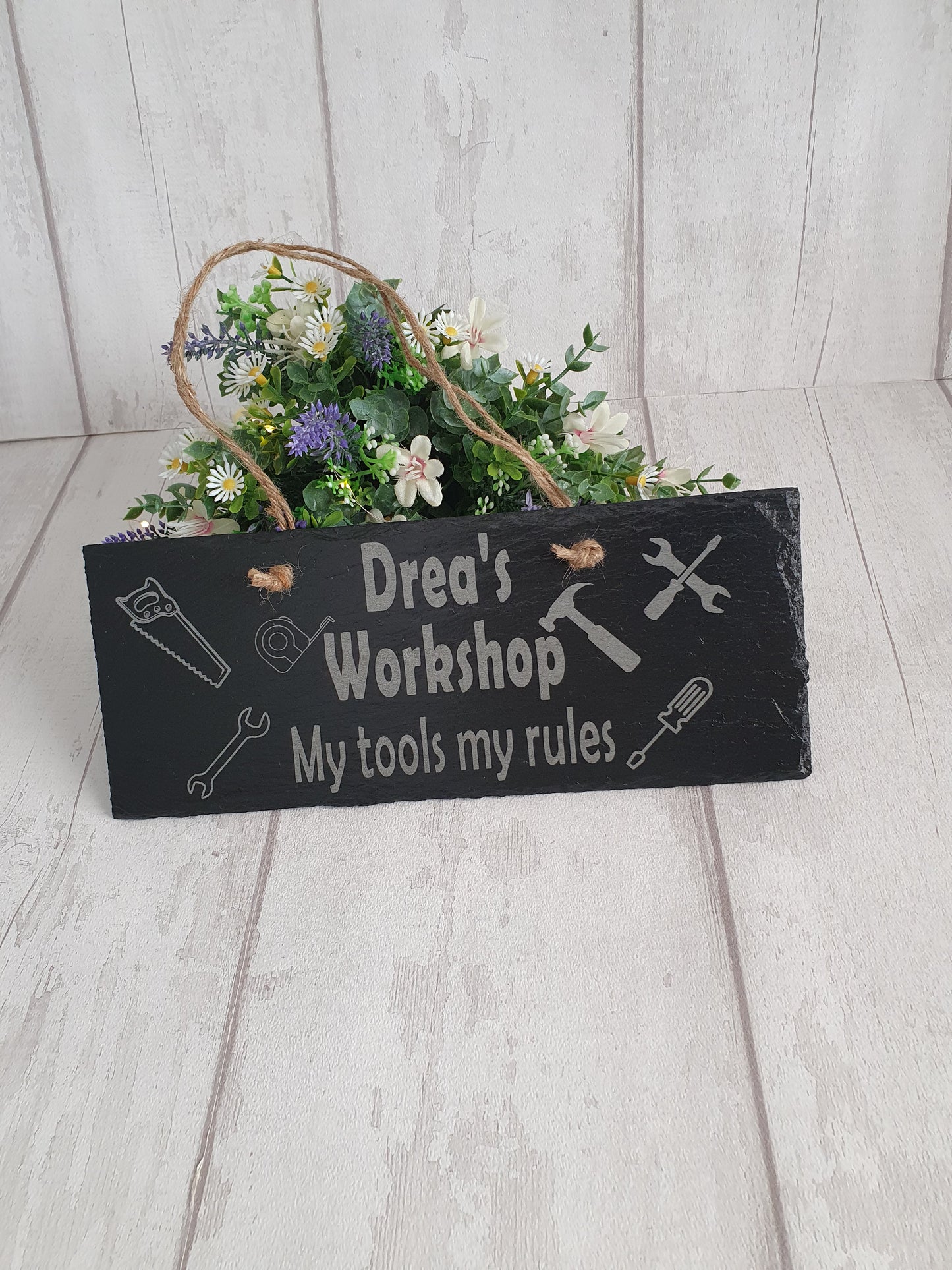 Personalised 'workshop tools' slate sign.