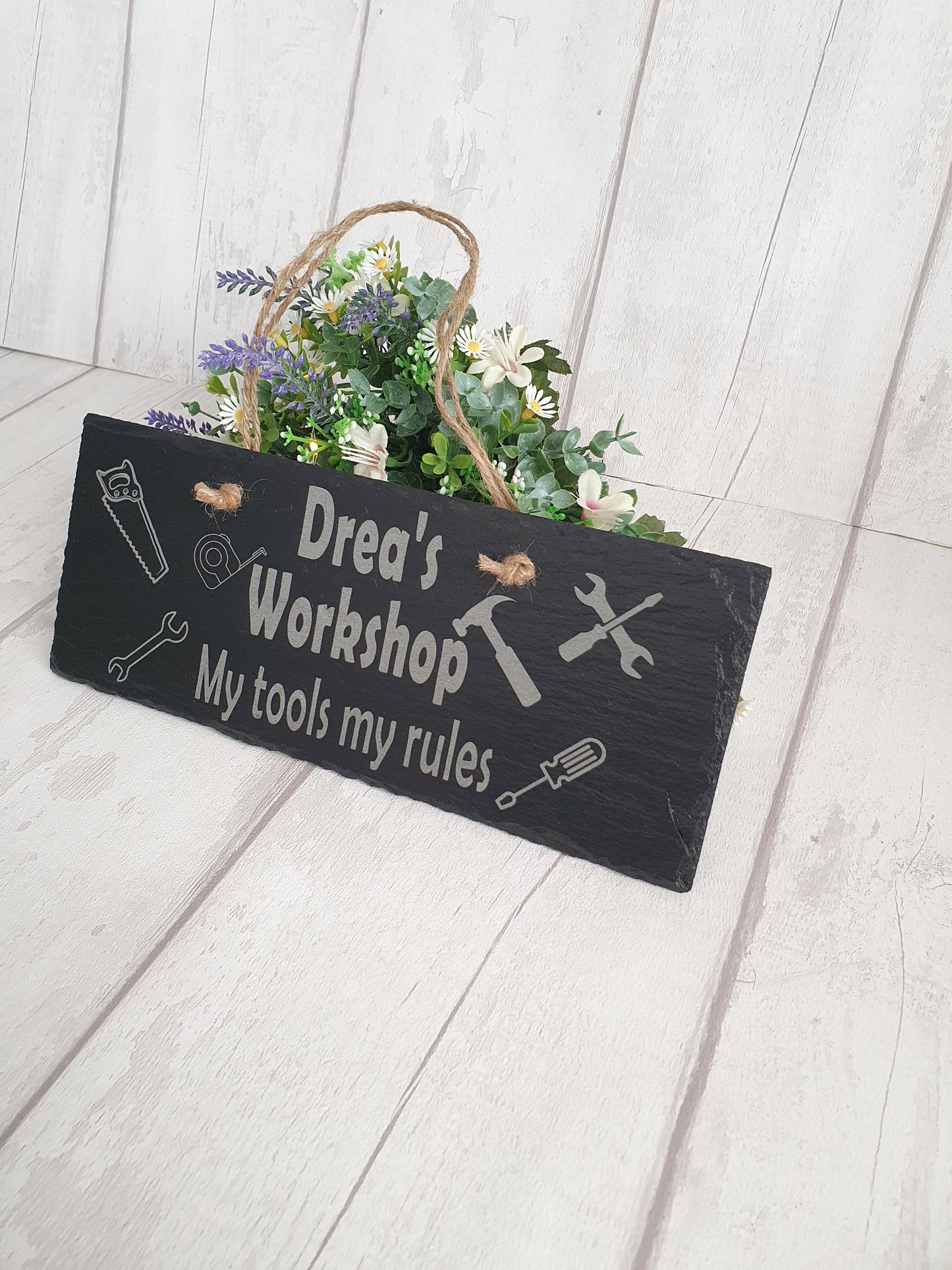 Personalised 'workshop tools' slate sign.