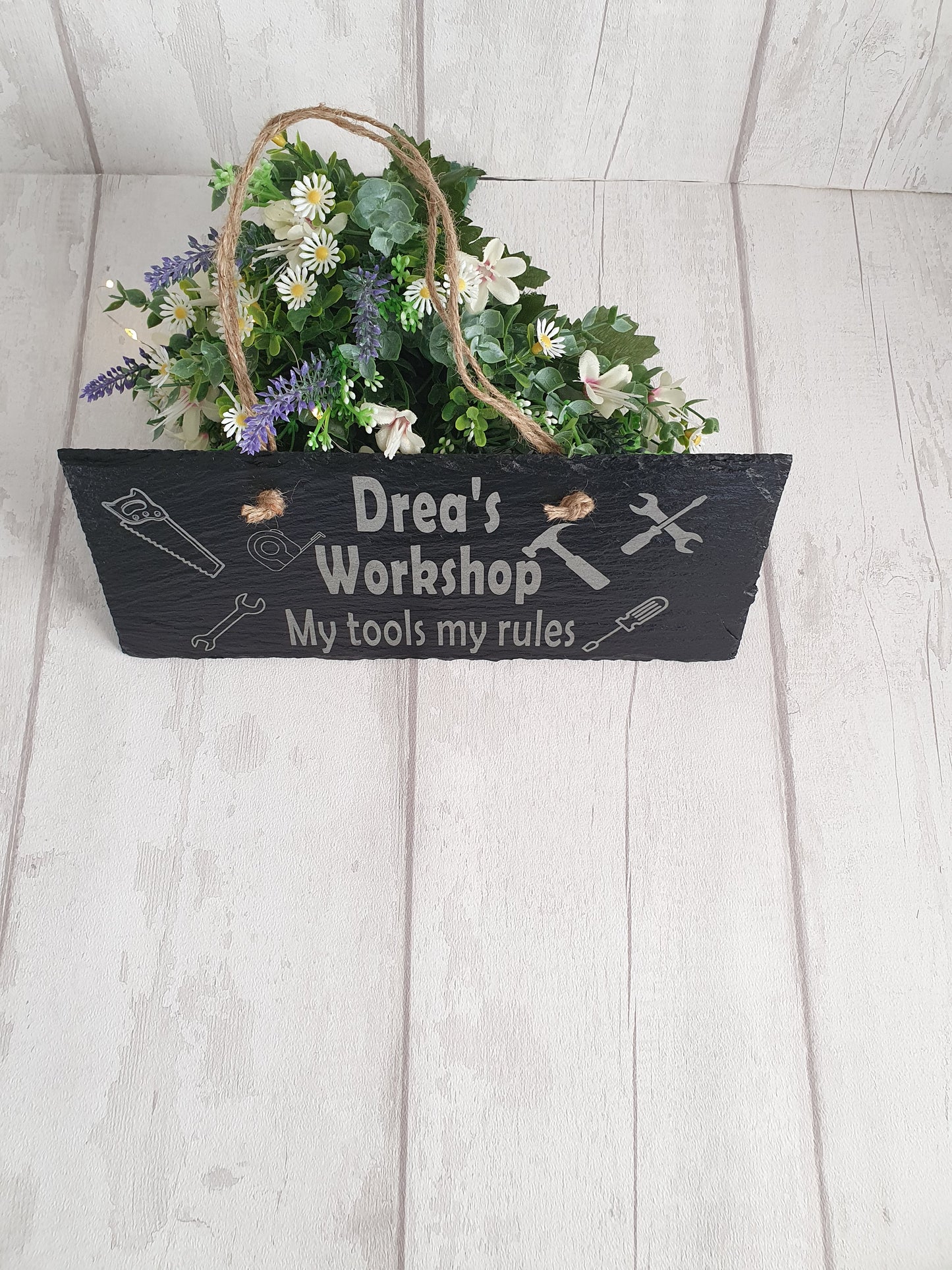 Personalised 'workshop tools' slate sign.