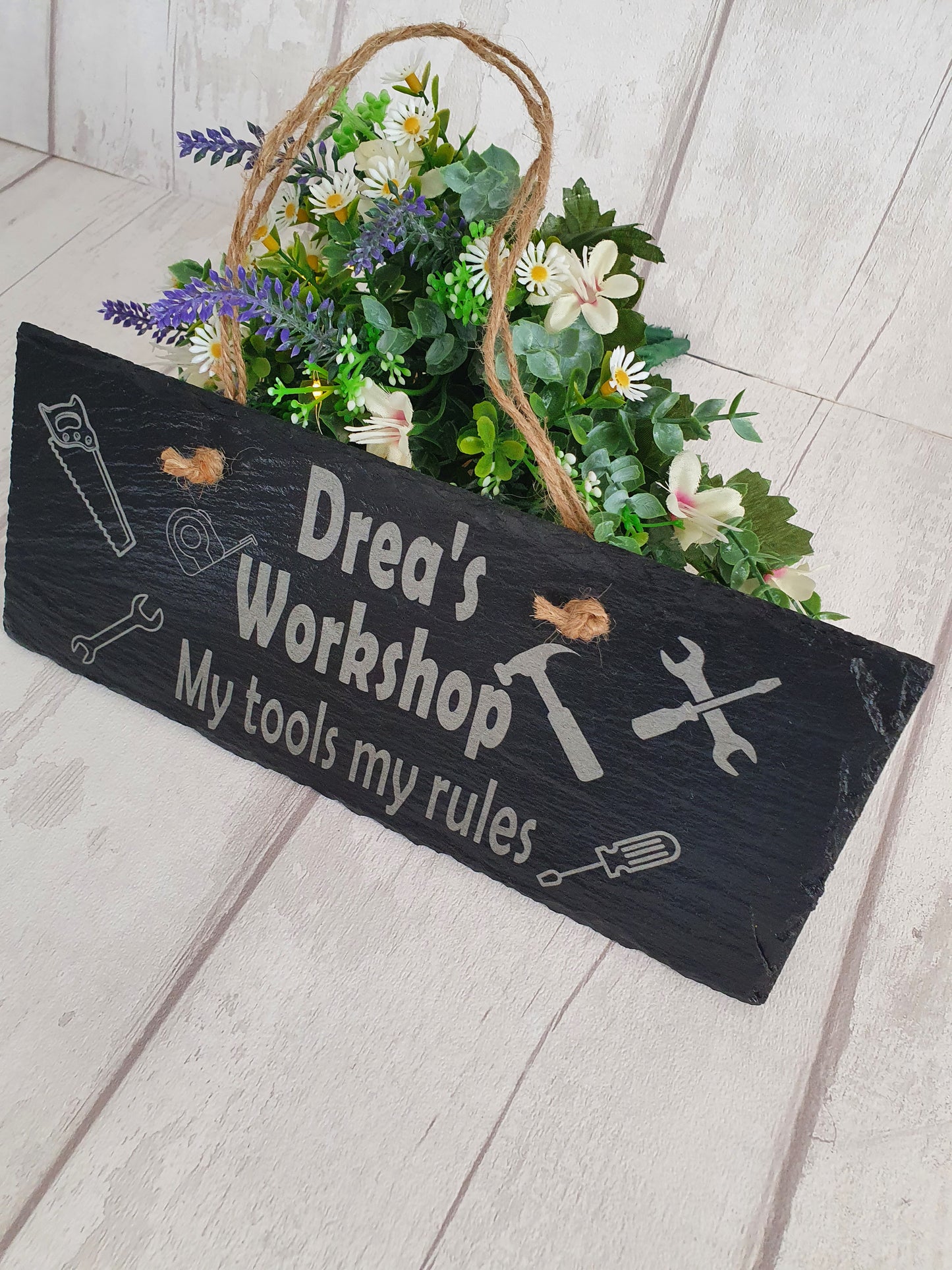 Personalised 'workshop tools' slate sign.