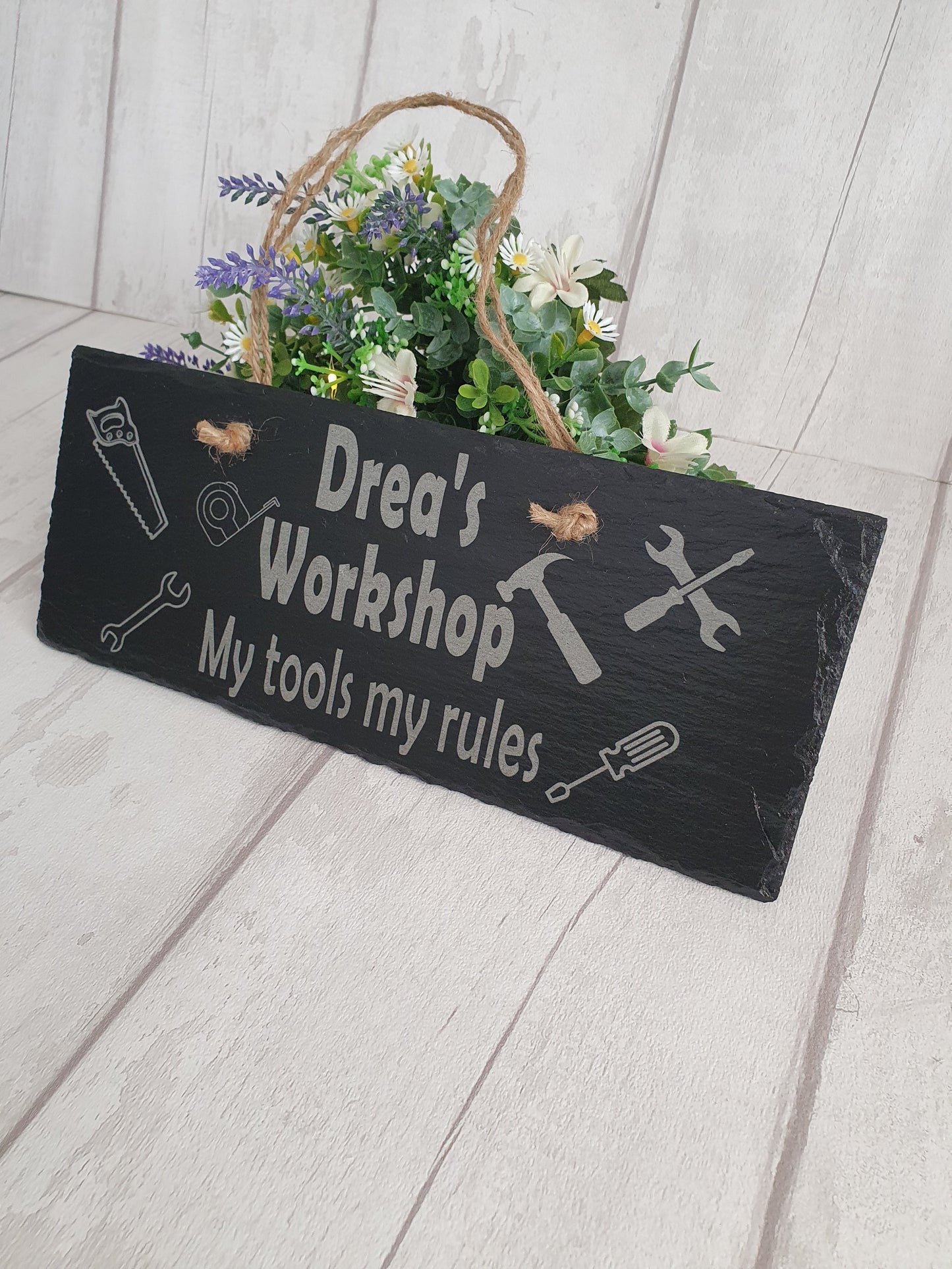 Personalised 'workshop tools' slate sign.