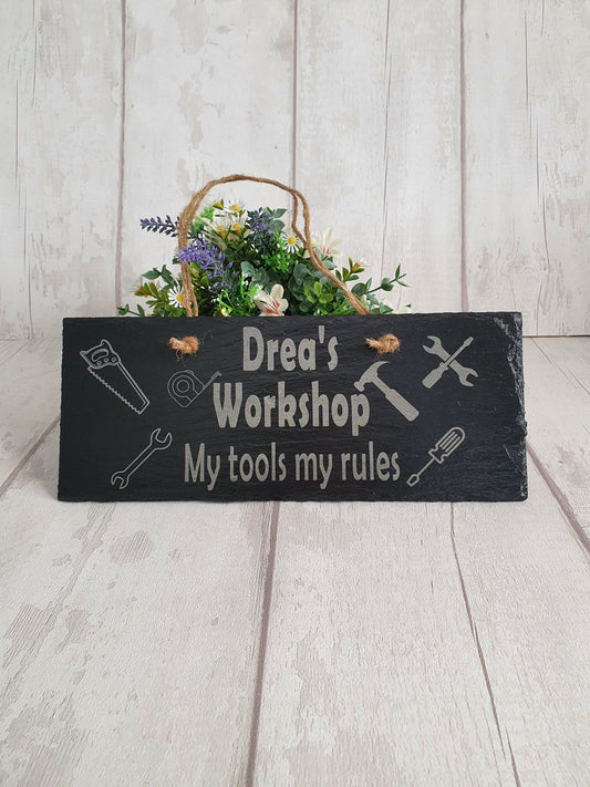 Personalised 'workshop tools' slate sign.