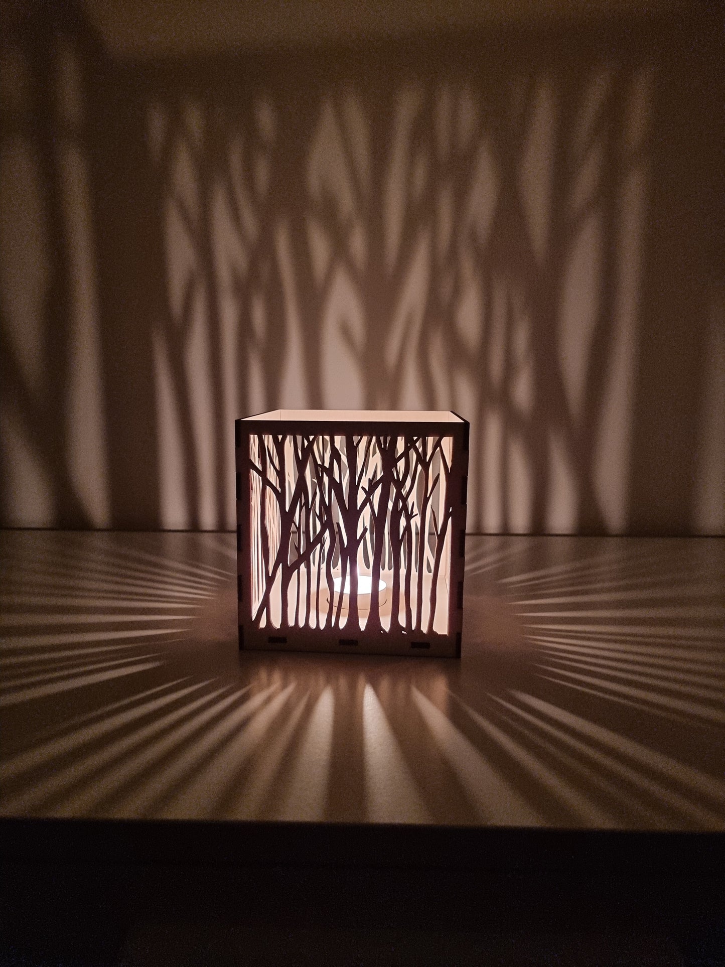 Personalised wooden tree lantern, laser cut.