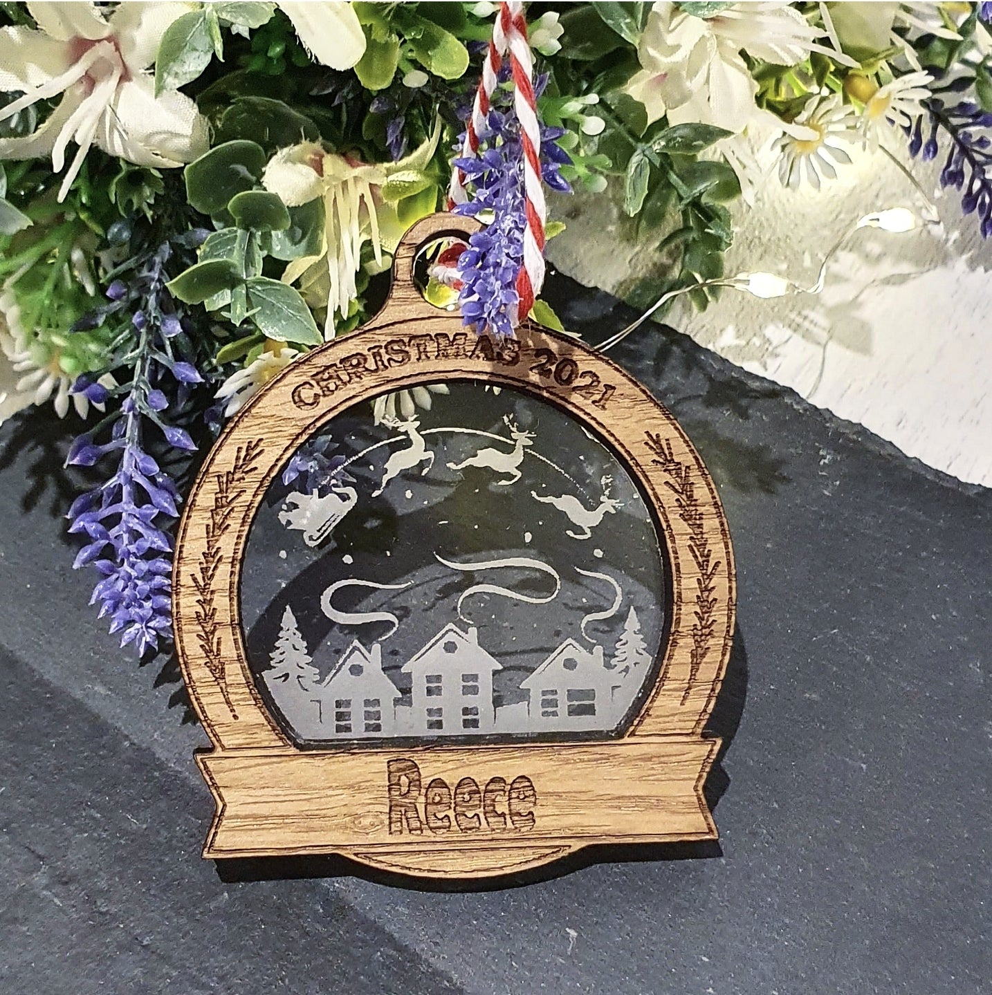 Personalised wood and acrylic bauble. - LaserGiftsuk