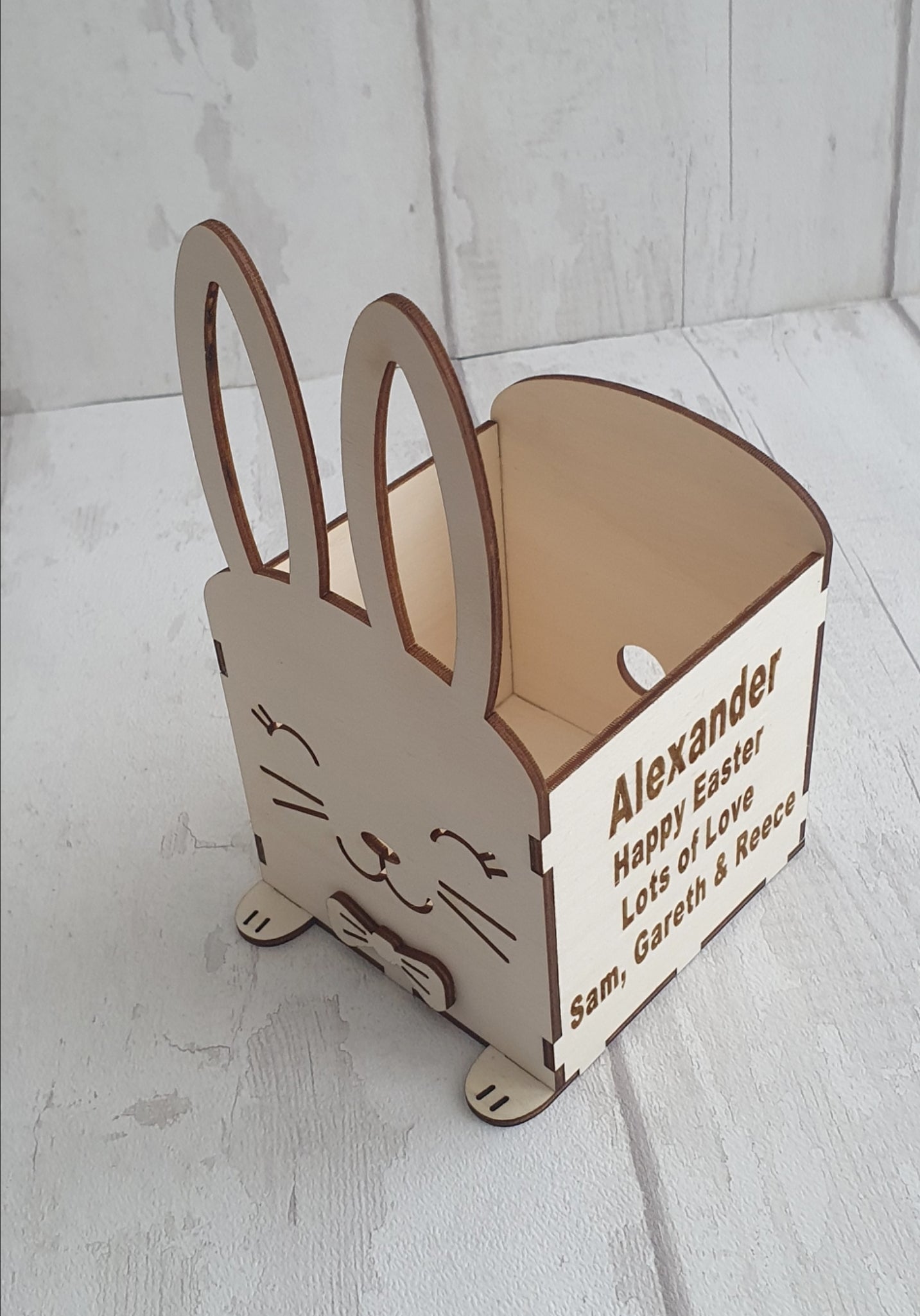 Personalised wooden Easter bunny basket.