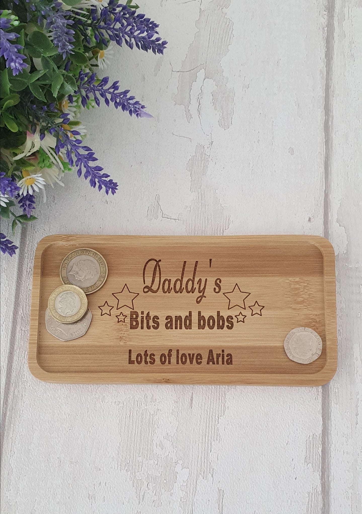 Personalised bamboo bits and bobs tray.