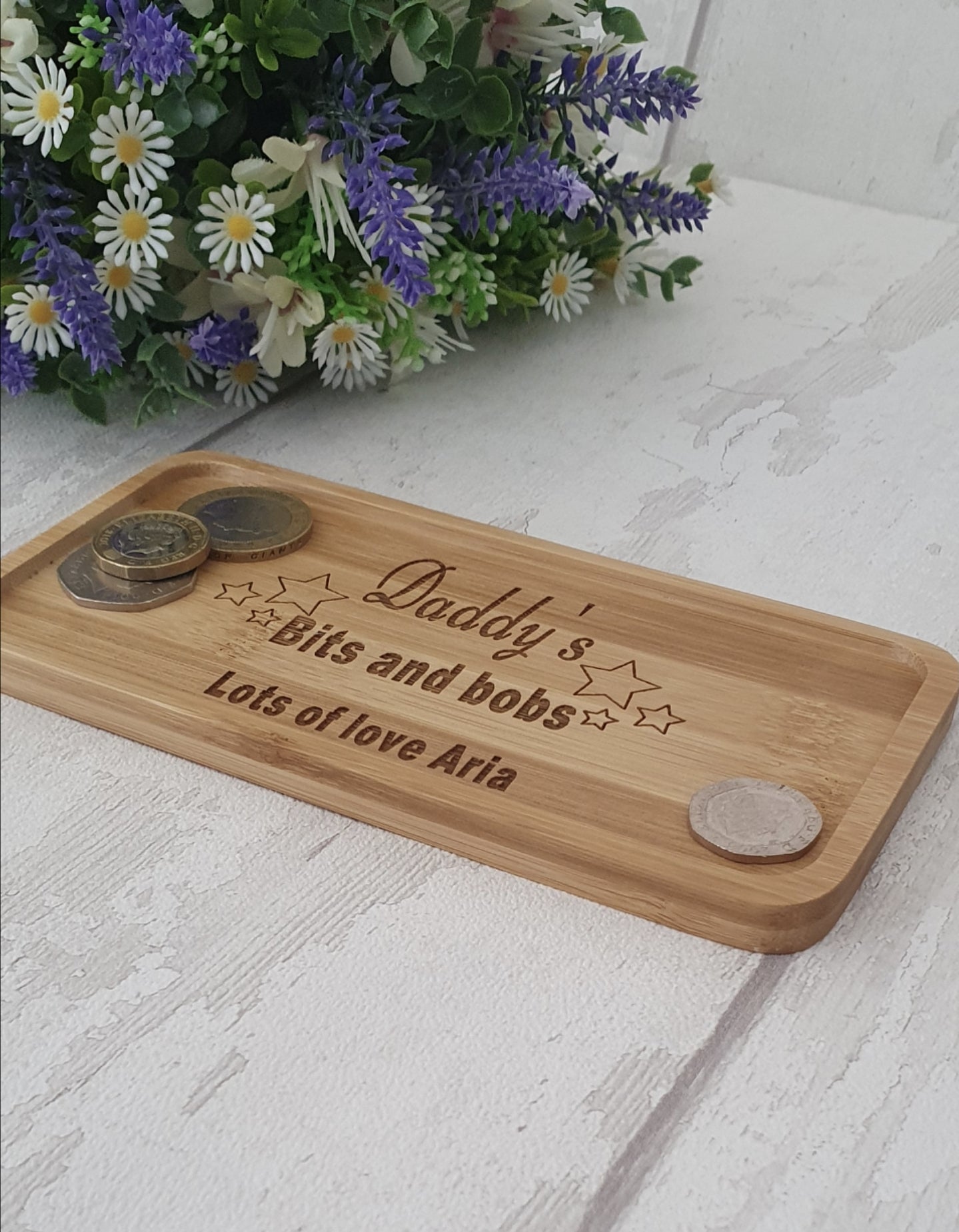 Personalised bamboo bits and bobs tray.