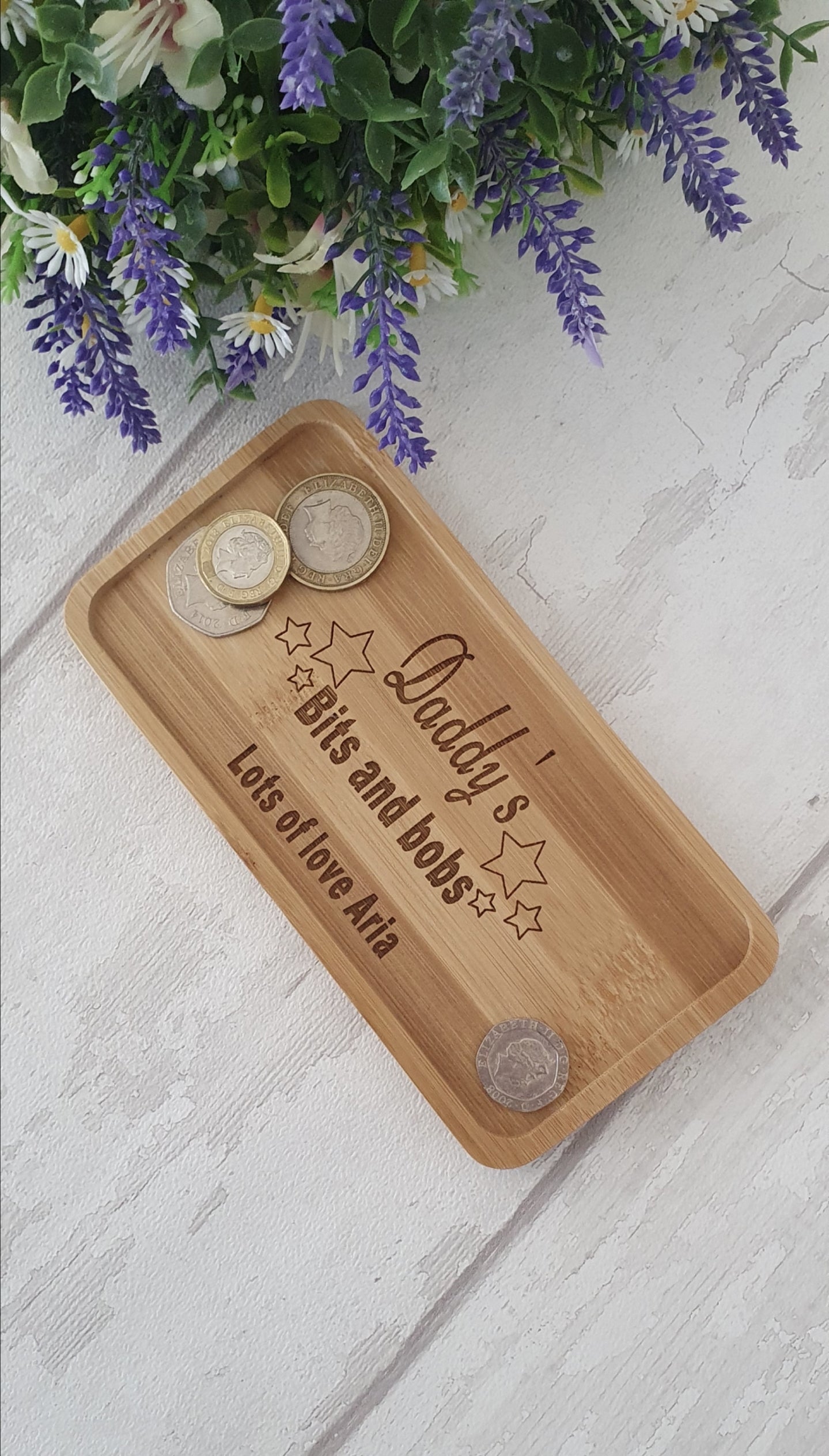 Personalised bamboo bits and bobs tray.