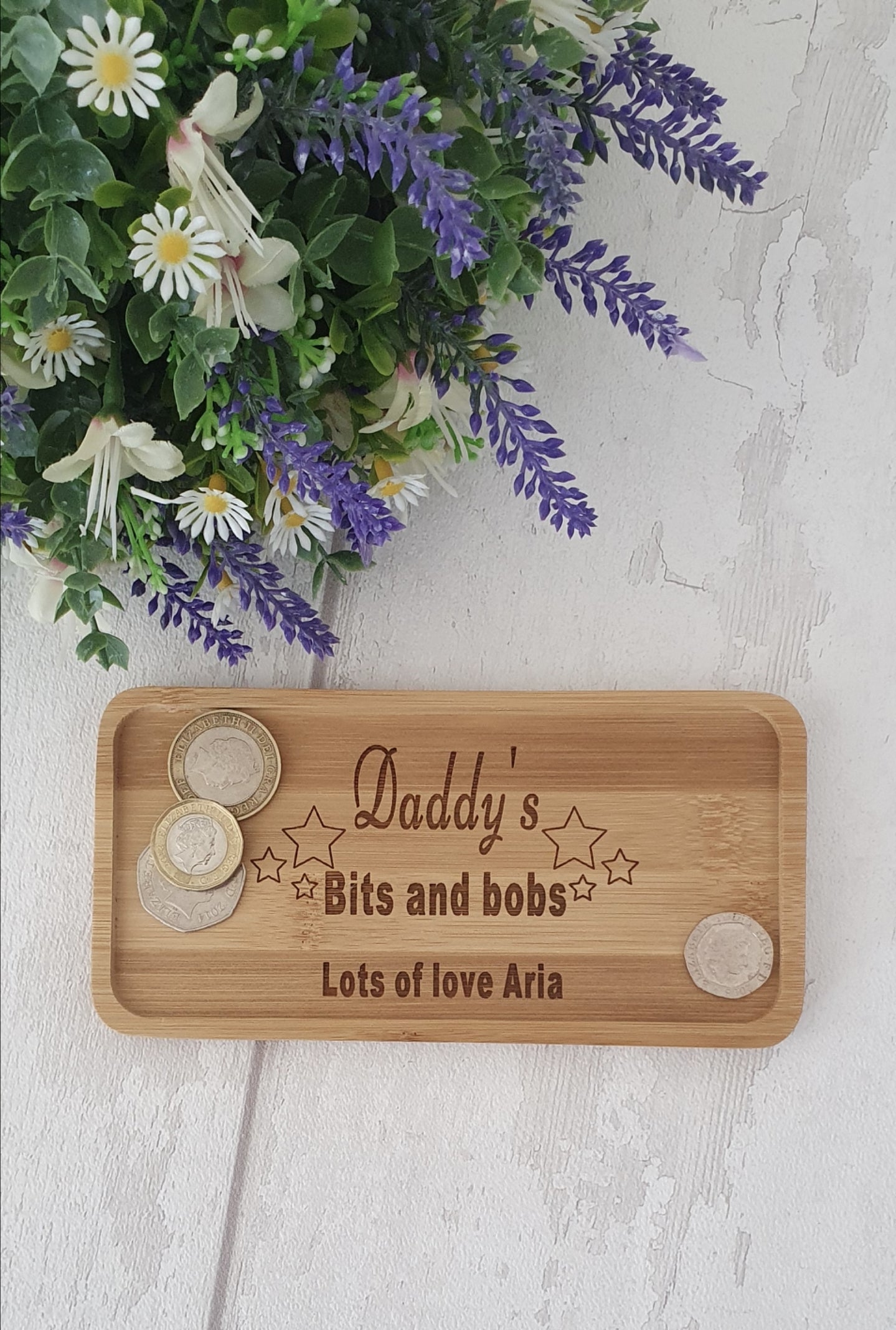 Personalised bamboo bits and bobs tray.