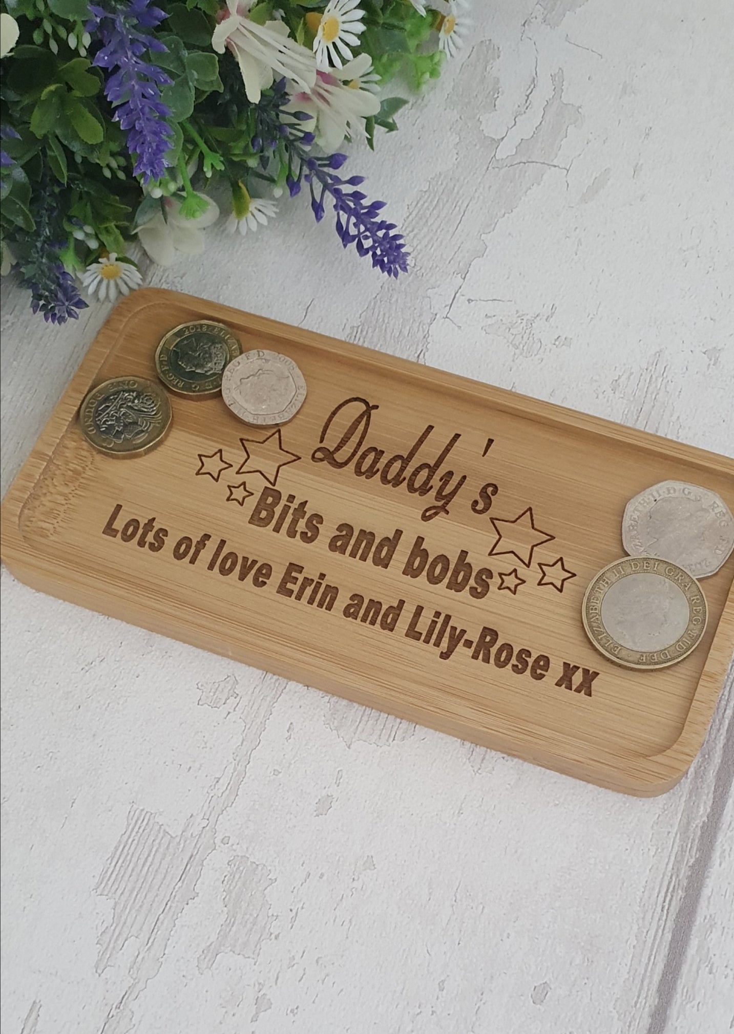 Personalised bamboo bits and bobs tray.