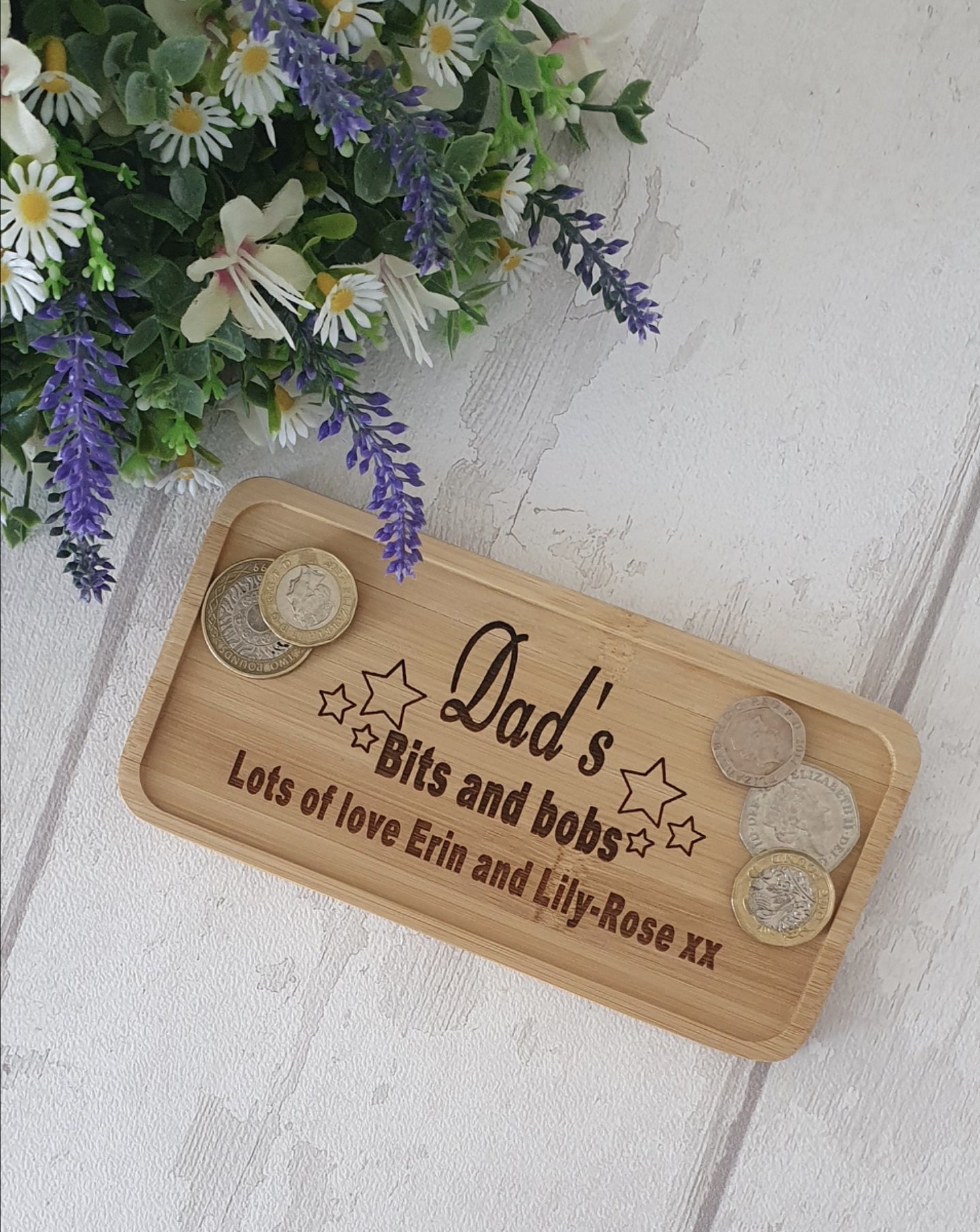 Personalised bamboo bits and bobs tray.