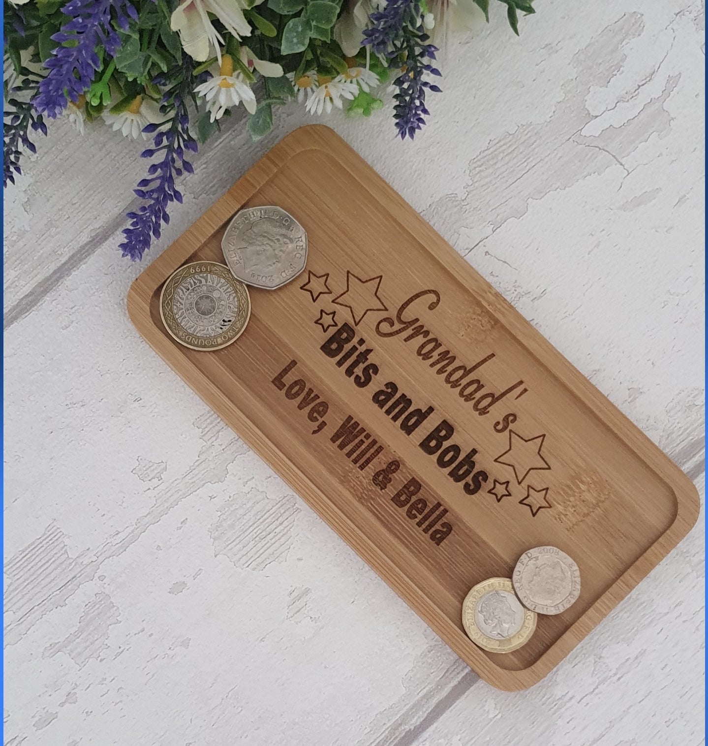 Personalised bamboo bits and bobs tray.