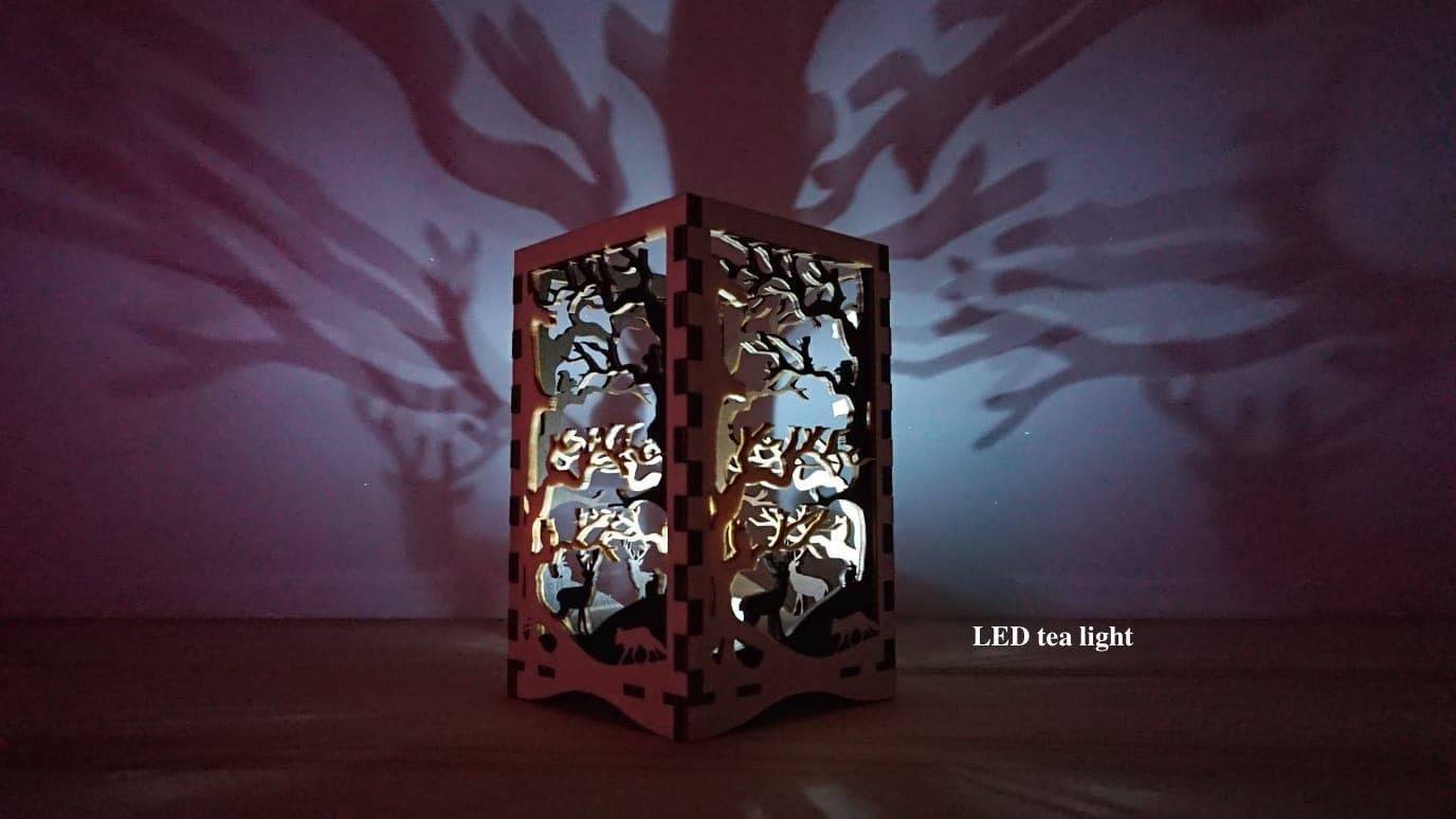 Beautiful double layered laser cut tea light holder woodland scene. - LaserGiftsuk