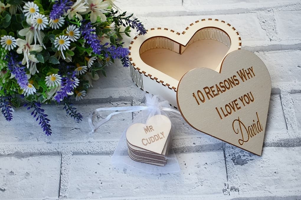 Laser cut heart box with 10 engraved personalised heart pieces. - LaserGiftsuk