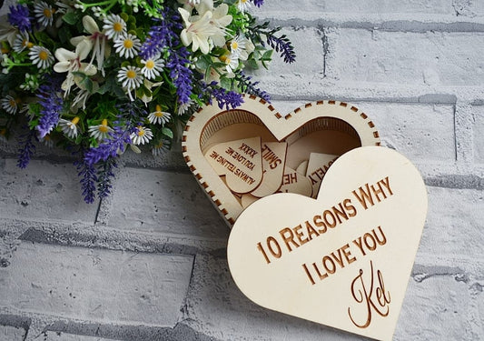 Laser cut heart box with 10 engraved personalised heart pieces. - LaserGiftsuk