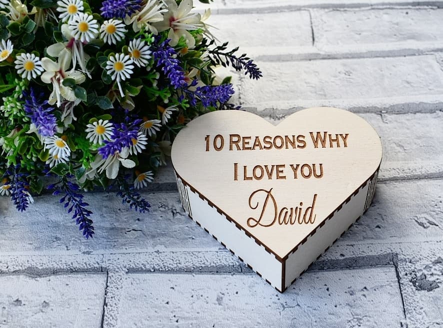 Laser cut heart box with 10 engraved personalised heart pieces. - LaserGiftsuk