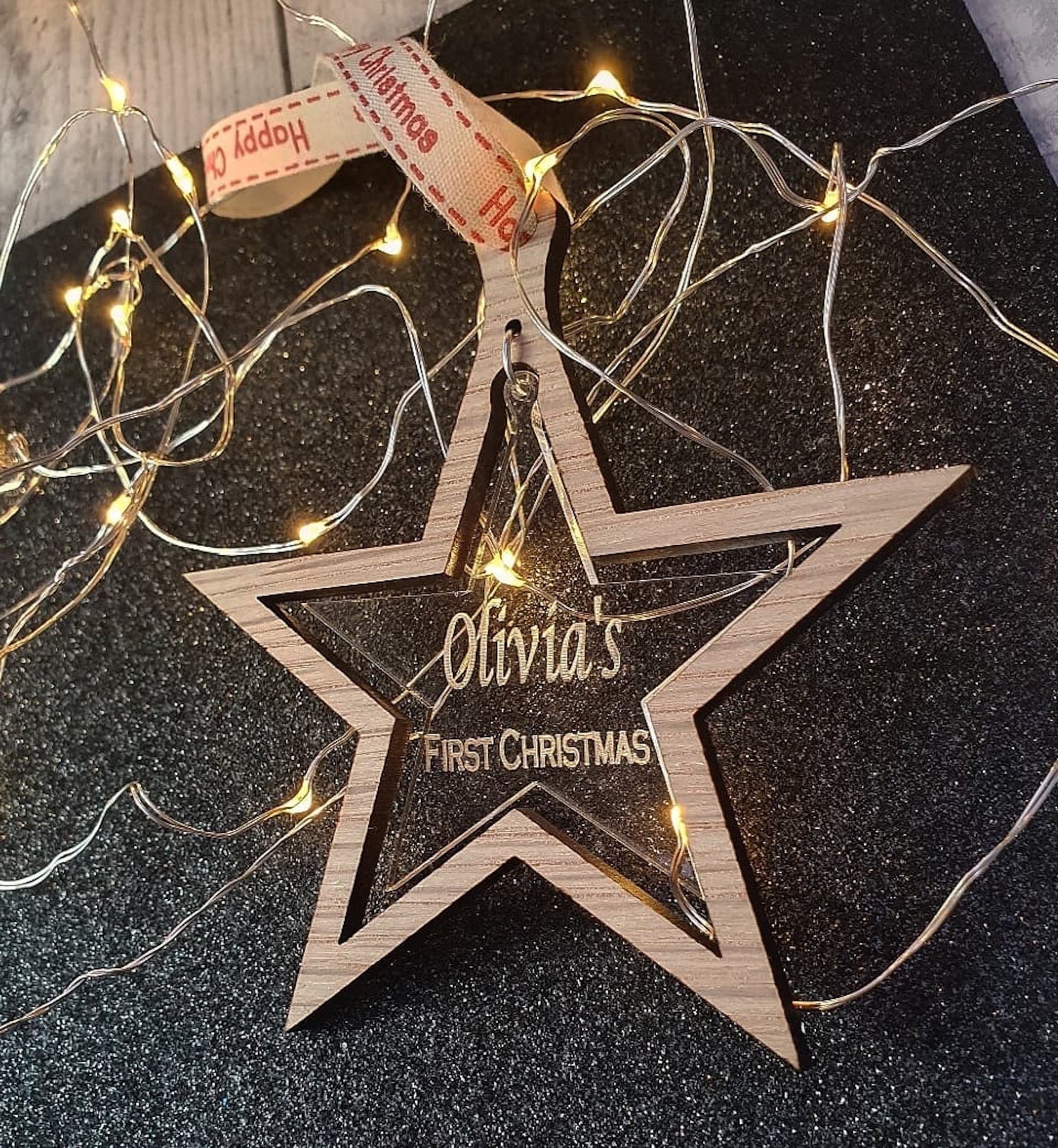 Personalised first Christmas star bauble. - LaserGiftsuk