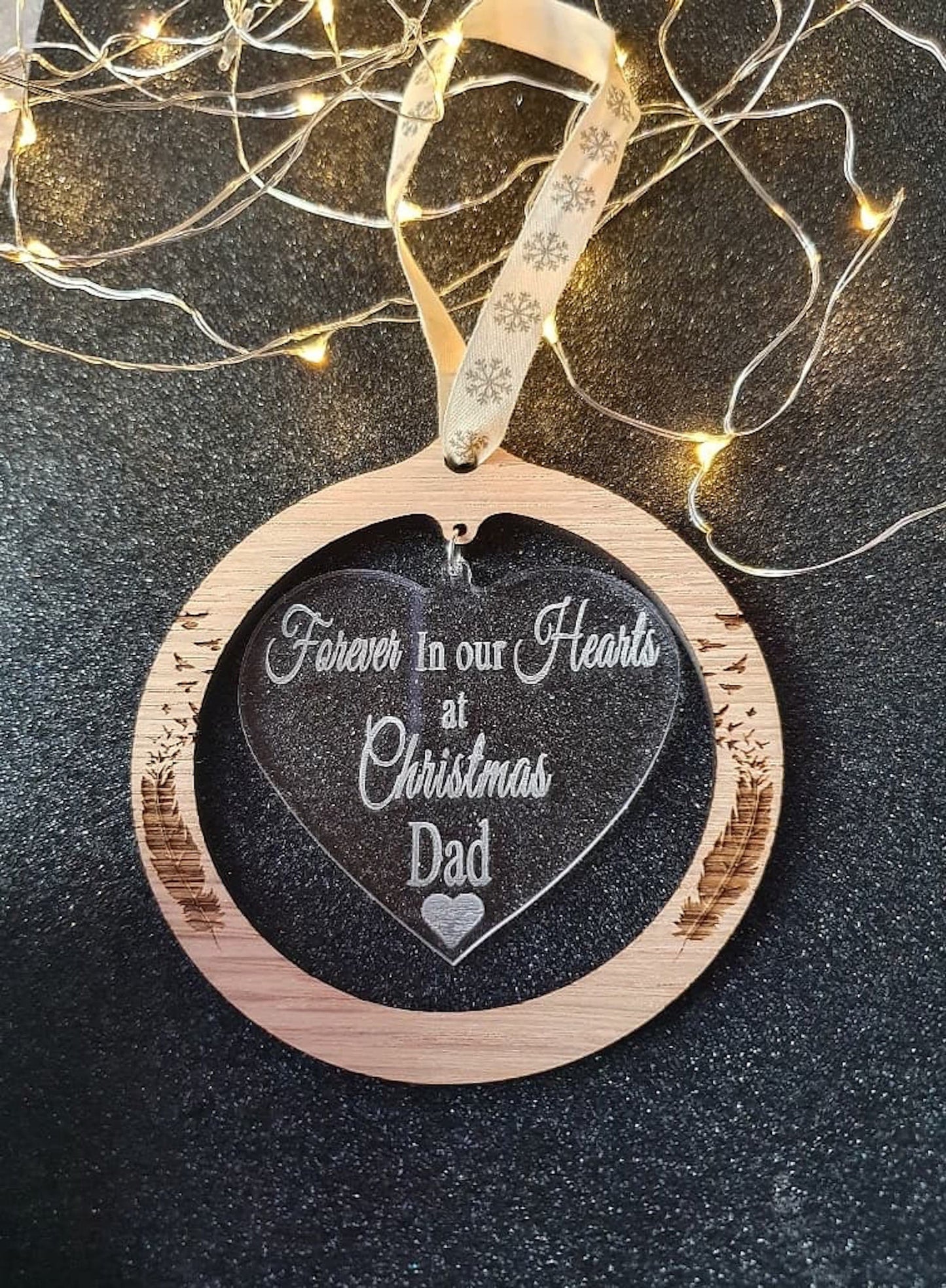 Beautiful Oak veneer remembrance Christmas bauble. - LaserGiftsuk