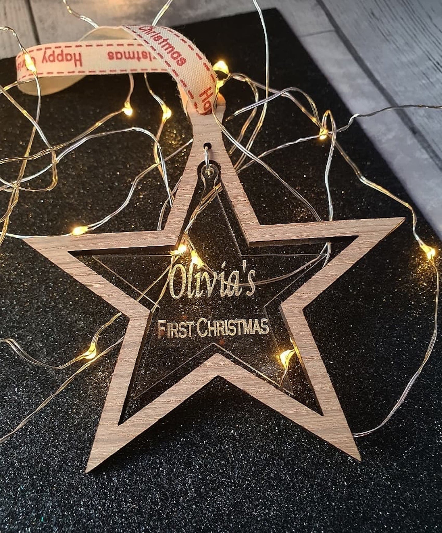 Personalised first Christmas star bauble. - LaserGiftsuk