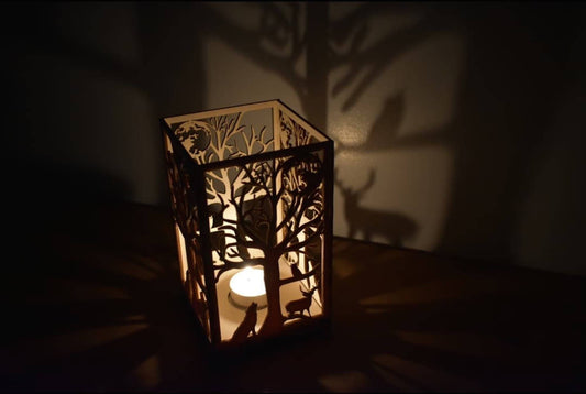 Beautiful laser cut tea light holder wolf and woodland design. - LaserGiftsuk