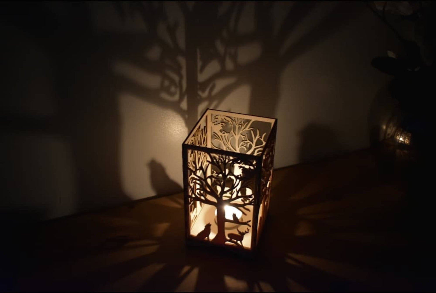 Beautiful laser cut tea light holder wolf and woodland design. - LaserGiftsuk