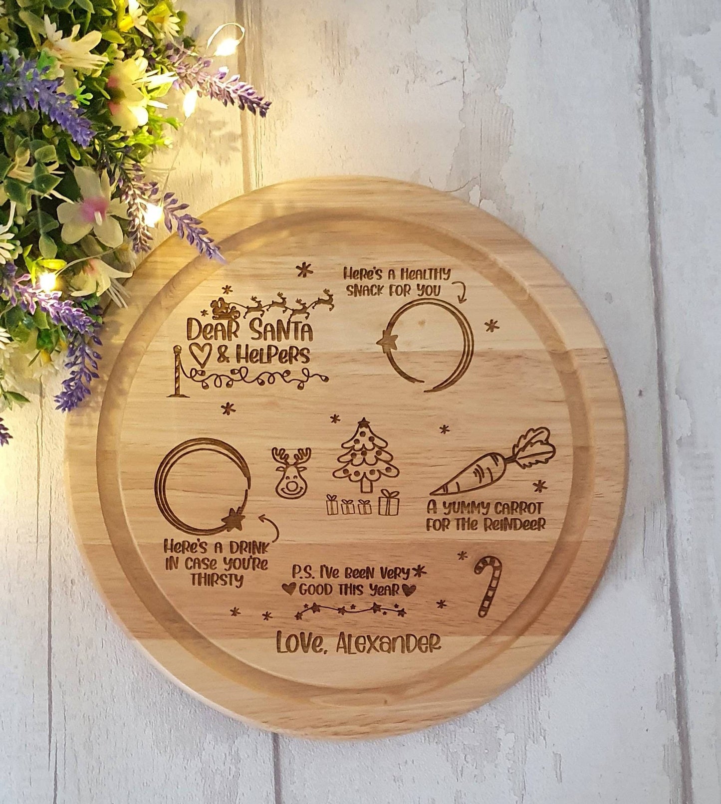 Personalised round Santa Treat board, engraved. - LaserGiftsuk